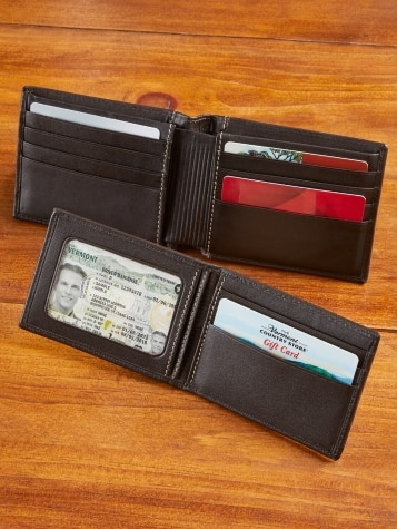 Men's RFID-Blocking Leather Bi-Fold Wallet Open