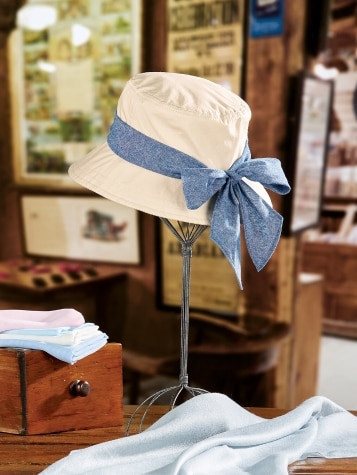 Women's Bucket Tan Hat With Blue Denim Bow