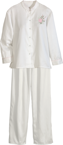 Women's Brushed-Back-Satin Embroidered Pajamas in Ivory