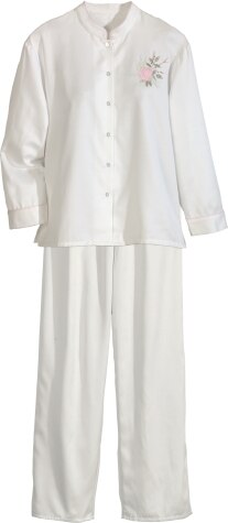 Women's Brushed-Back-Satin Embroidered Pajamas in Ivory