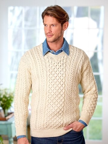 Men's Irish Wool V-Neck Sweater in Natural Color