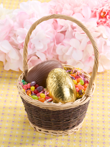 Pair of large chocolate eggs in Easter basket.