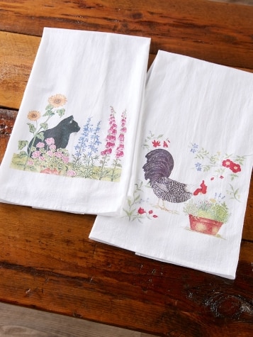 Rooster and Potted Flowers Flour Sack Towel