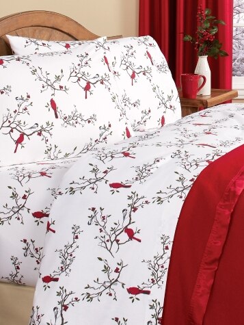 Cardinal and Chickadee Portuguese Cotton Flannel Sheet Set