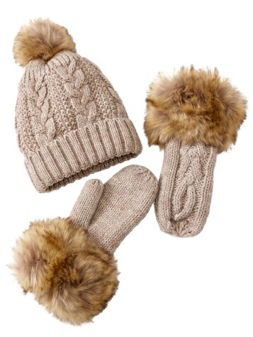 Faux Fur Cable-Knit Mittens