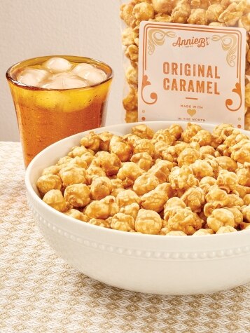 Bowl of Caramel Popcorn with Packaging & Tea