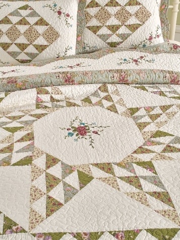 Flower Patch Embroidered Patchwork Quilt or Pillow Sham Pair