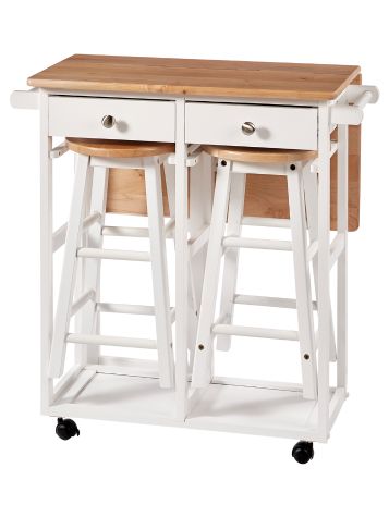 Wood Breakfast Cart With Drop-Leaf Tabletop and 2 Stools