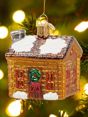 Vermont Log Cabin Blown-Glass Christmas Ornament