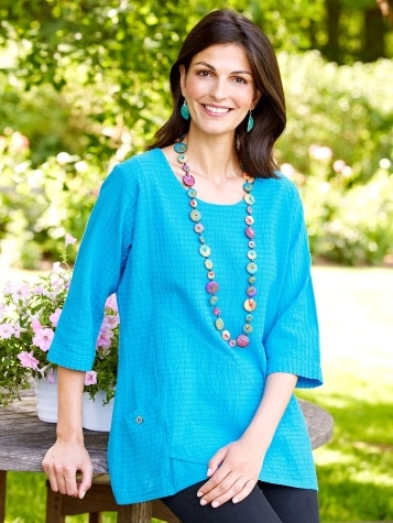 Crinkle Cotton Tunic Top in Teal
