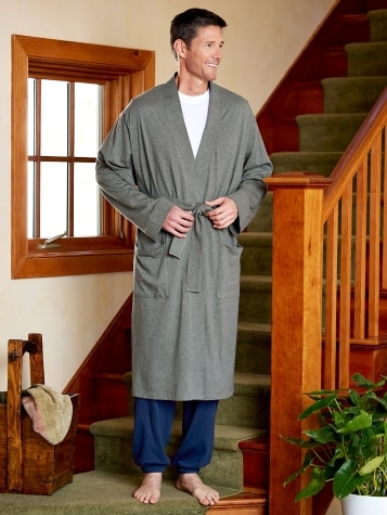 Men's and Women's Cotton Knit Wrap Robe in Gray 