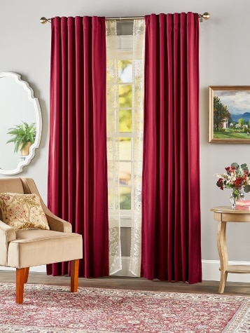 Insulated Linen-Blend Lined Rod Pocket Curtains With Back Tabs in Burgundy