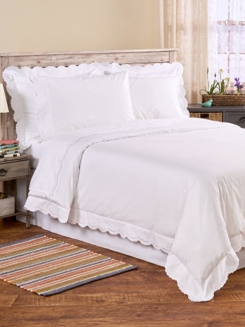 Double Scalloped Embroidered Cotton Percale Comforter Cover and Pillow Sham Set
