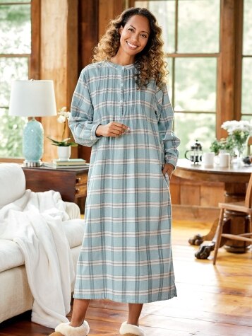 Ella Simone Portuguese Cotton Flannel Sky Blue Plaid Nightgown