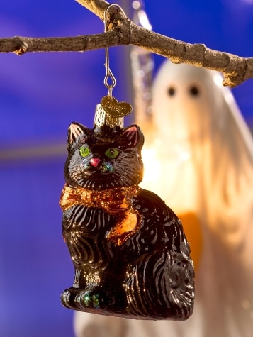 Halloween Black Cat Blown Glass Ornament
