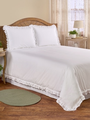 Double Ruffle Cotton Percale Duvet Cover and Pillow Sham Set