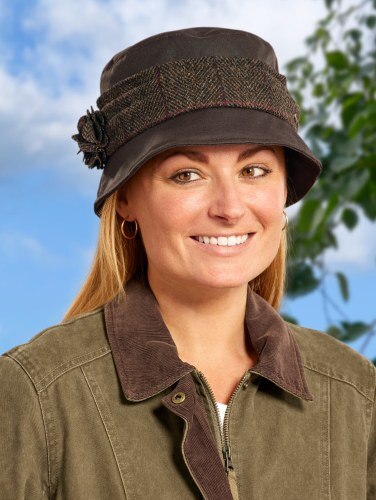 Womens Irish Waxed Cotton Bucket Hat With Tweed Flower