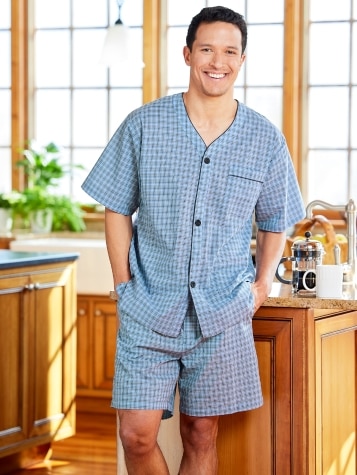 Men's Blue Plaid Madras Cotton Short Pajamas