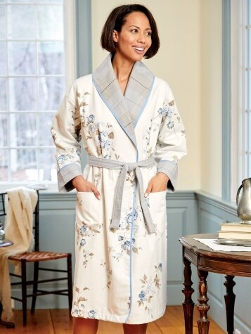 Women's Double-Comfort Portuguese Flannel Robe in Watercolor Dreams/Watercolor Plaid