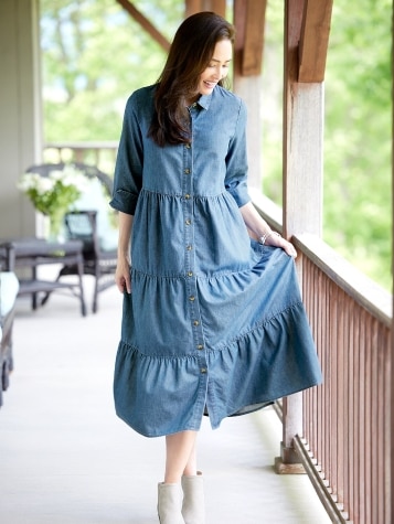 Women's Chambray Tiered Maxi Dress in Blue 