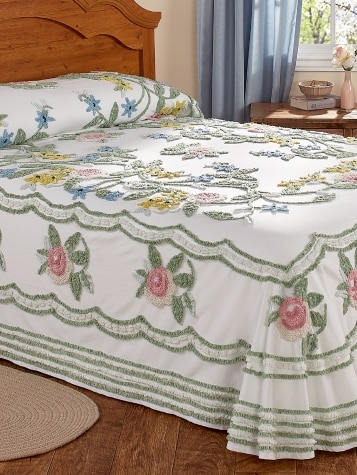 Cotton Chenille Bedspread with Florals 1950s Reproduction