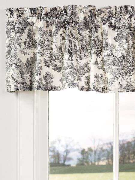 Toile Rod Pocket Tailored Window Valance, Black Toile Curtains