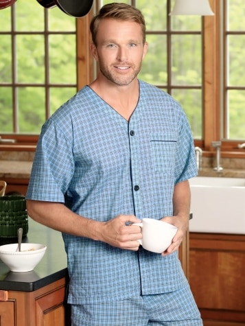 Men s Blue Madras Plaid Cotton Short Pajamas