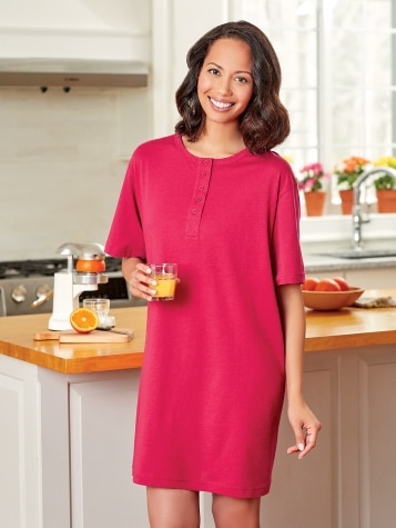Comfort Knit Solid Color Cotton Short-Sleeve Shortie Nightgown