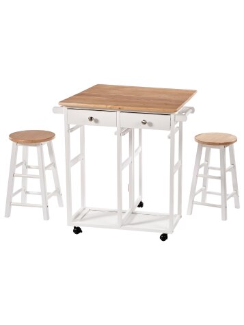 Solid Wood Drop-Leaf Breakfast Cart With Two Stools