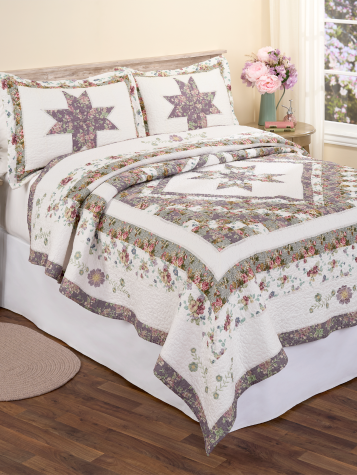 Morning Star Floral Patchwork Quilt or Pillow Sham