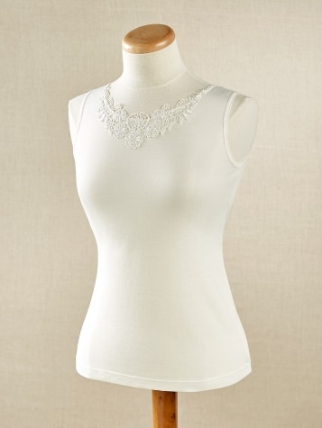 Scoop Neck White Camisole With Lace Trim