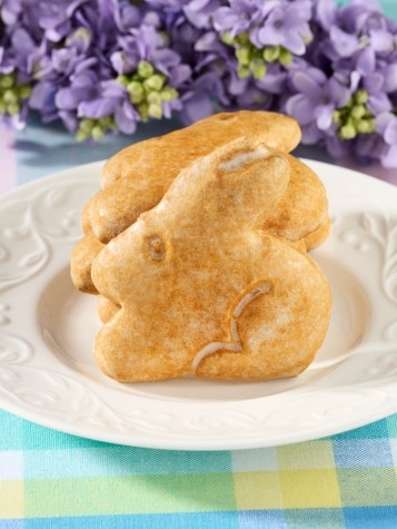 Easter bunny-shaped soft cookies with sugar glaze.