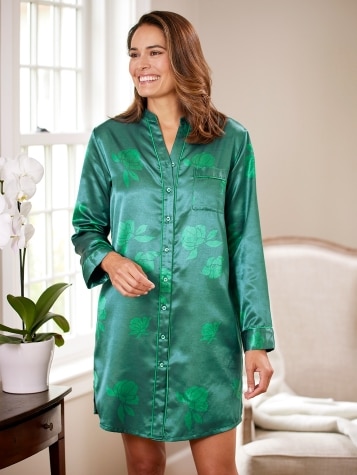 Women's Brushed-Back-Satin Nightshirt in Emerald