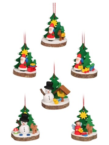 Classic Tree Slice German Wooden Ornaments, Set of 6