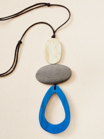 Blue Triangle Wooden Pendant Adjustable Corded Necklace