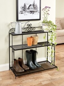 Elegant Scrolls Wrought Iron Plant Stand and Boot Shelf