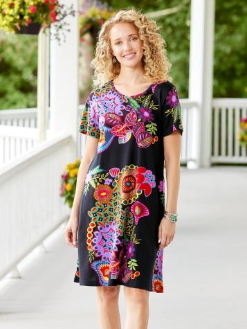 Womens Jersey Knit Dress Vibrant Flower Print Dress