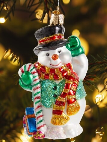 Candy Cane Snowman Blown-Glass Christmas Ornament