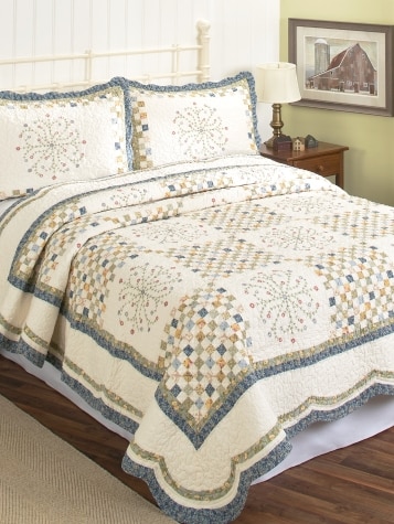 Keepsake Embroidered Patchwork Cotton Quilt or Pillow Sham Pair