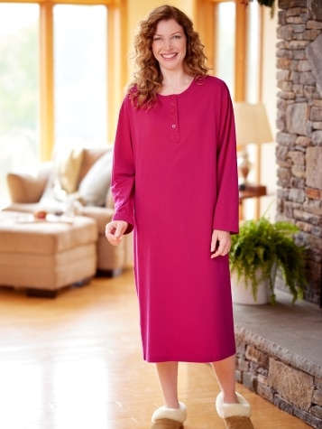 Comfort Knit Solid Color Cotton Long-Sleeve Nightgown