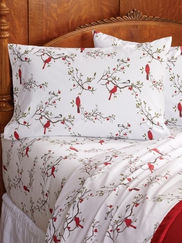 Cardinal and Chickadee Portuguese Cotton Percale Sheet Set