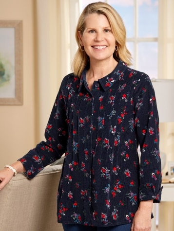 Women's Pintucked Floral Corduroy Tunic Top
