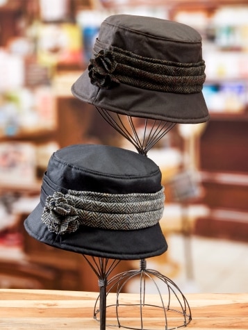 Womens Irish Waxed Cotton Bucket Hat with Tweed Flower