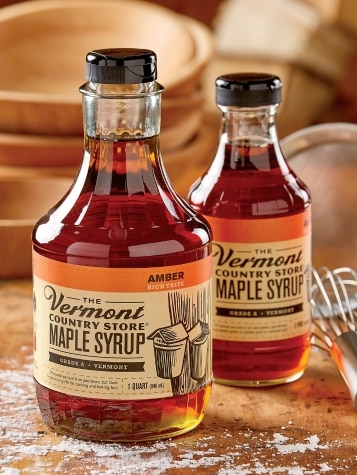 Glass Pint Bottle of Vermont Maple Syrup on Table