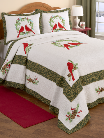 Embroidered Cardinal Cotton Quilt or Pillow Sham