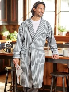 ]Striped Cotton Seersucker Robe for Men 