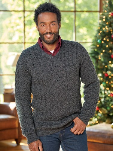 Classic Irish Knit Wool V Neck Sweater Merino Wool