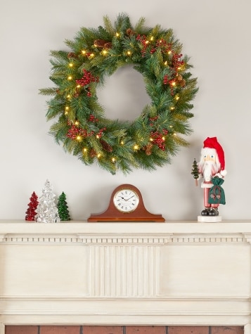 Cordless Pre-Lit Dual-Color LED Artificial Pine and Holly Berry Wreath, In 3 Sizes