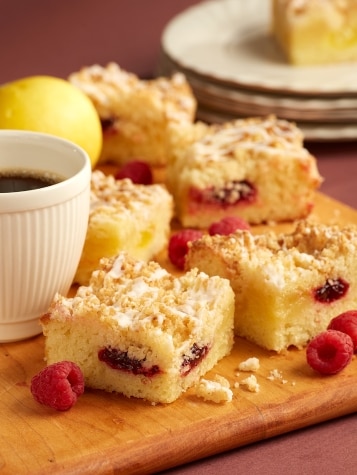 Sliced Lemon Raspberry Coffee Cake on Tray