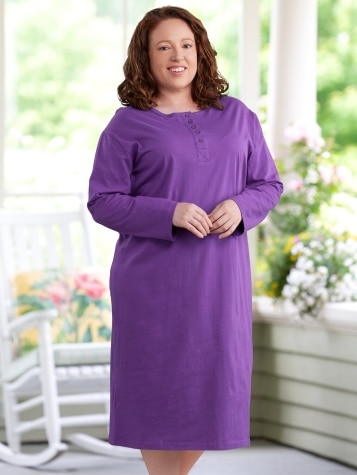 Comfort Knit Solid Color Cotton Long-Sleeve Nightgown